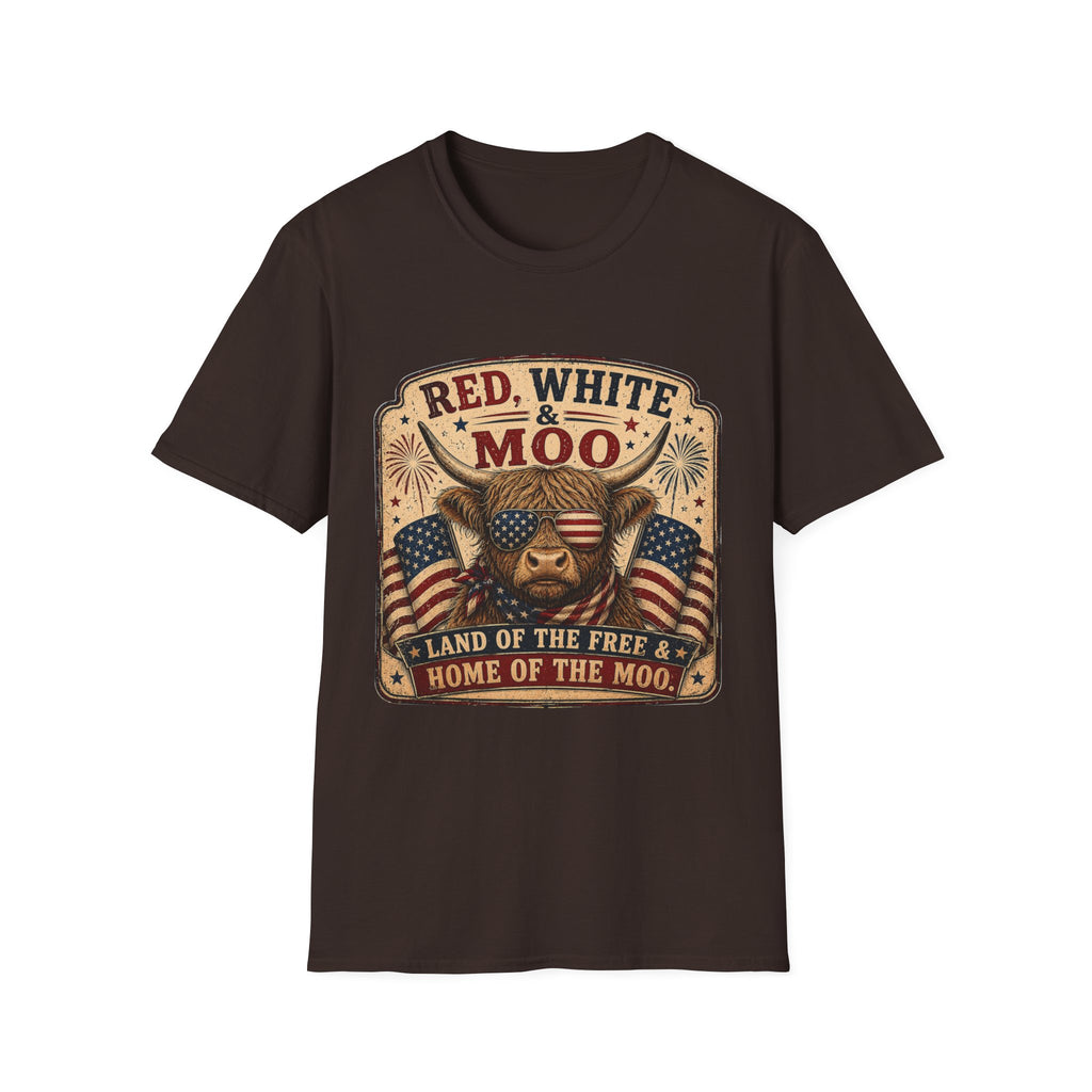 Red, White, & Moo Highland Cow Unisex Softstyle T-Shirt