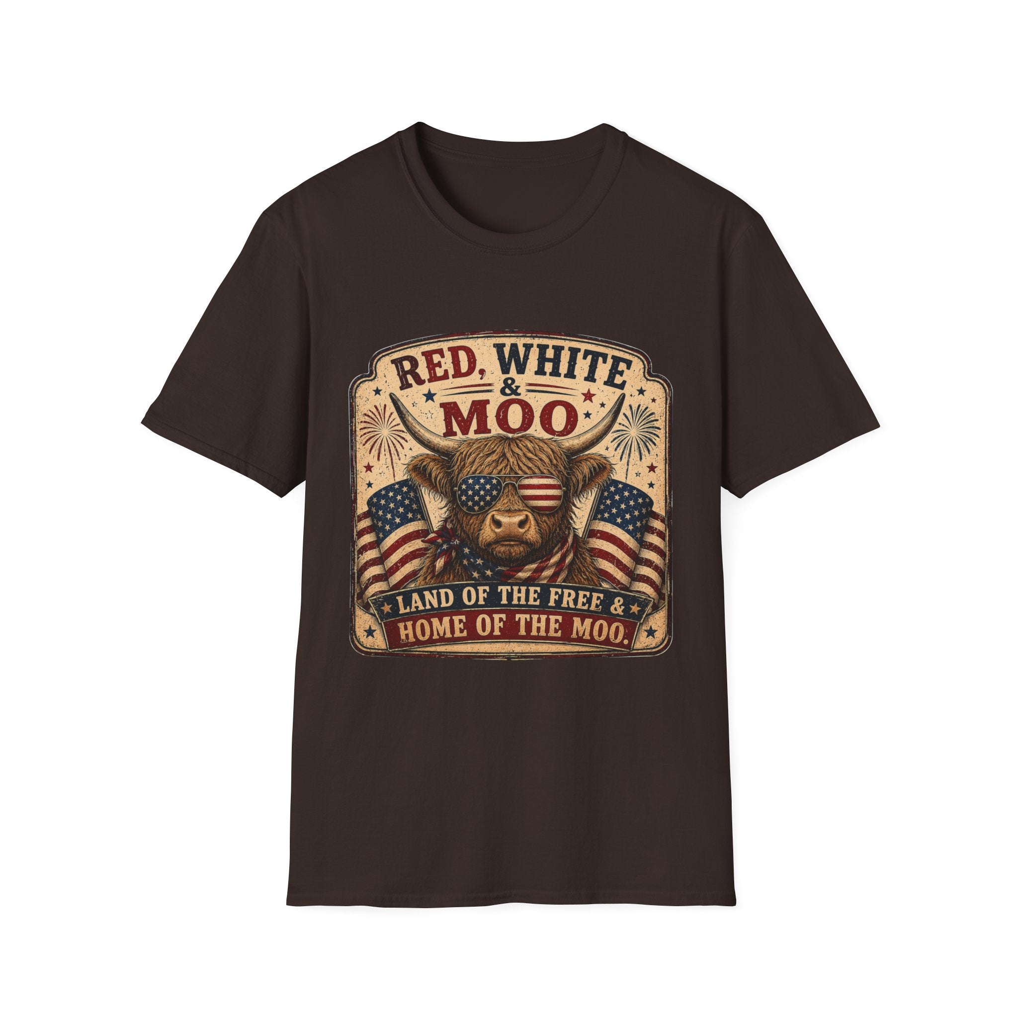 Red, White, & Moo Highland Cow Unisex Softstyle T-Shirt