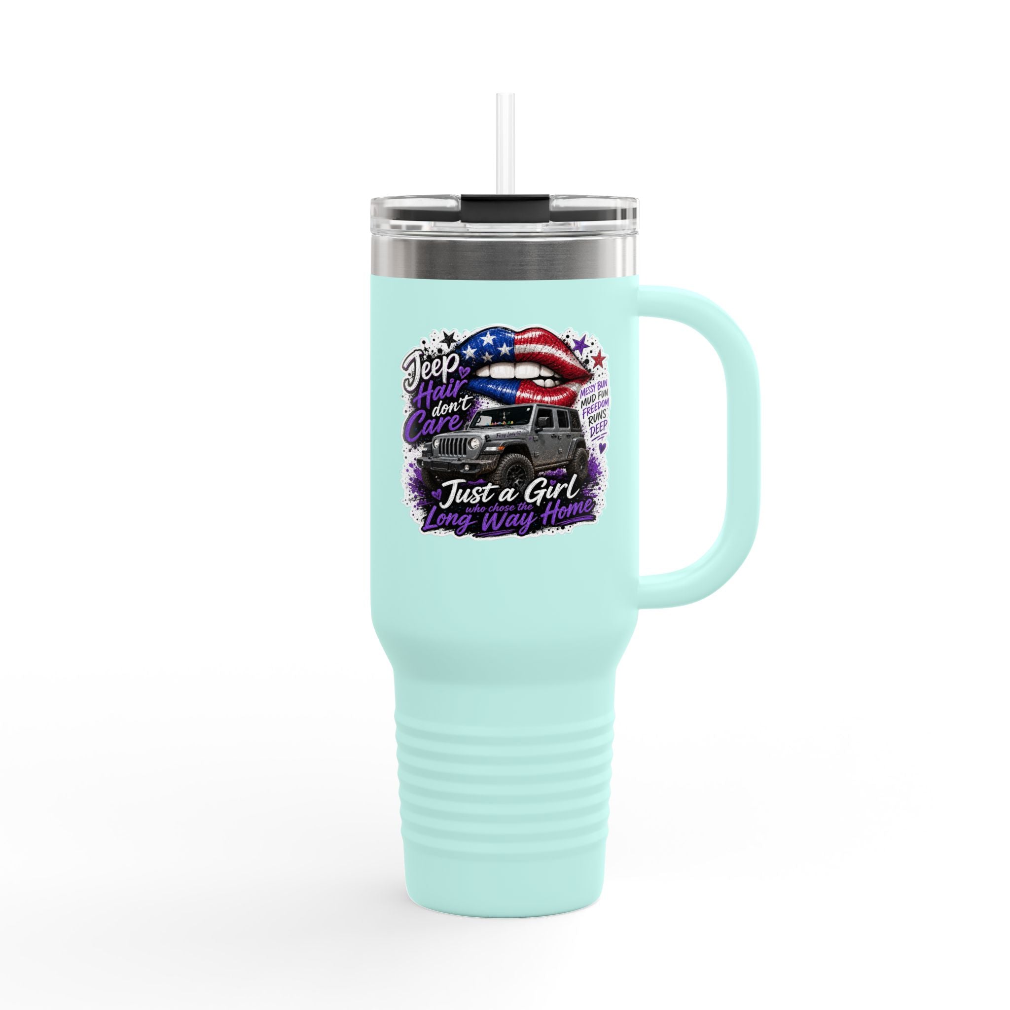 "Jeep Hair Don't Care" Patriotic Truck Design — 40oz Insulated Travel Mug