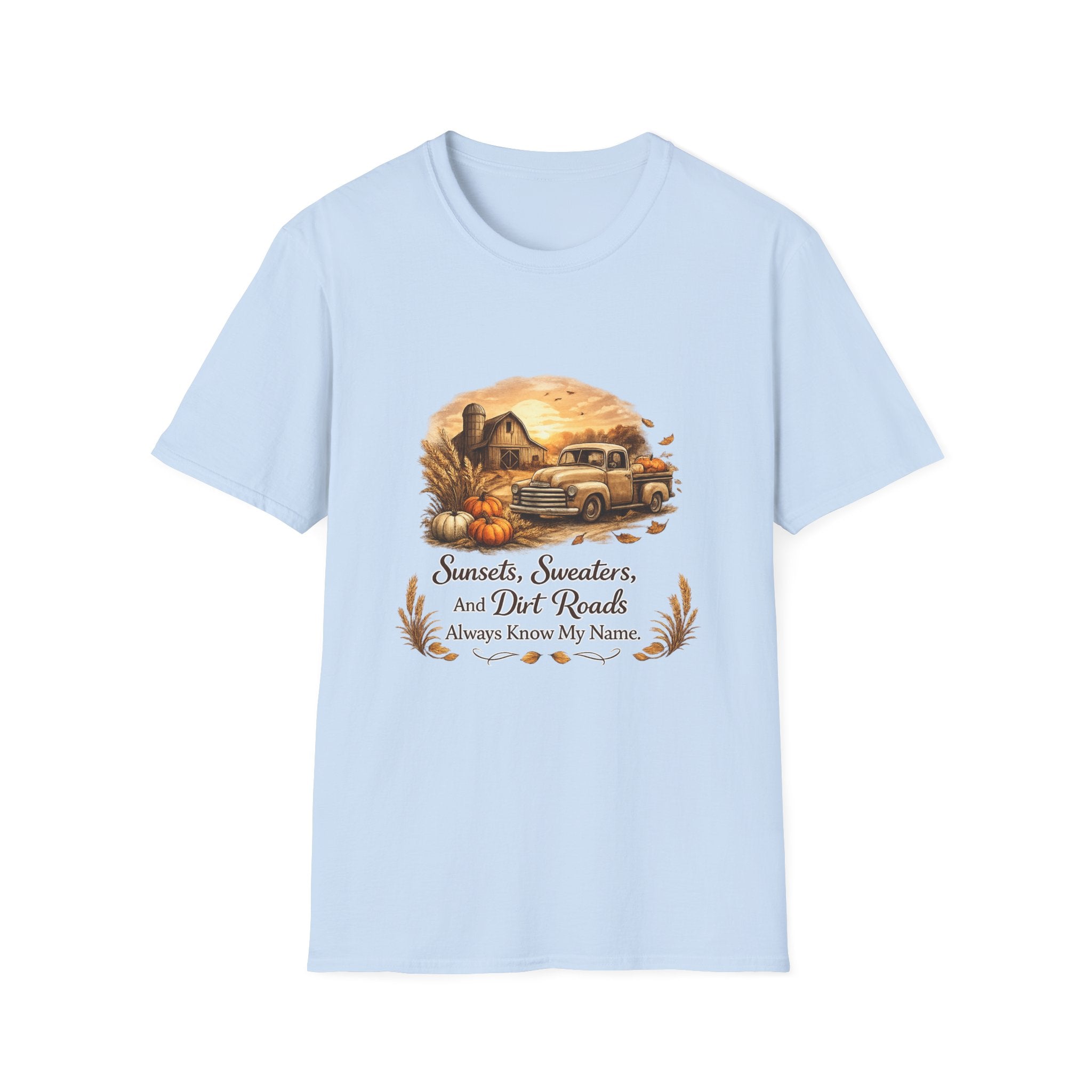 'Sunsets, Sweaters, and Dirt Roads' Vintage Autumn Tee — Fall Farm Truck T‑Shirt