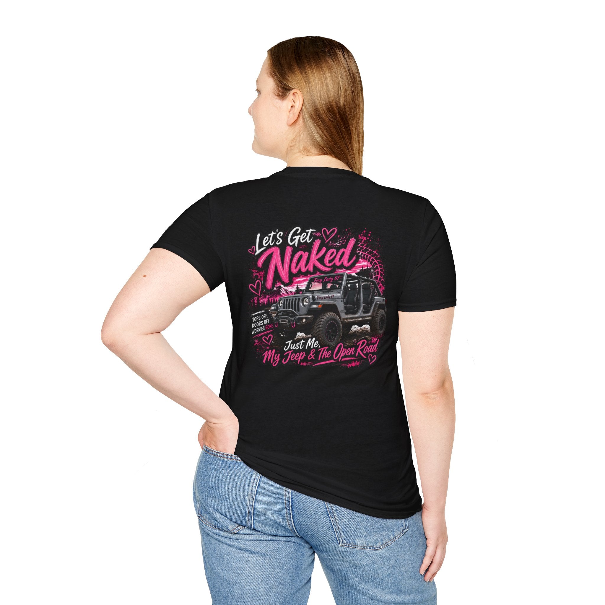 Lets Get Naked Jeep (design on front and back) Softstyle T-Shirt