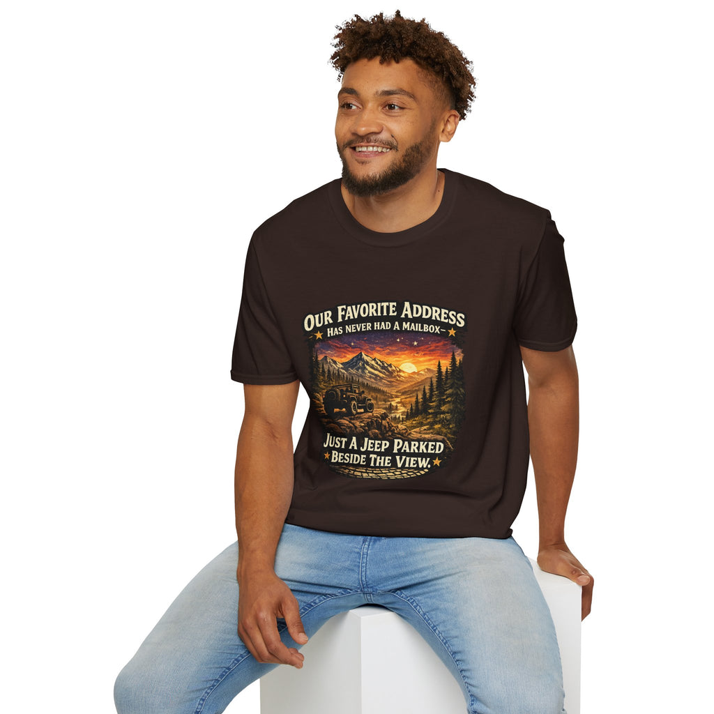 "Our Favorite Address Has Never Had a Mailbox" Scenic Mountain Camping Tee — T-Shirt
