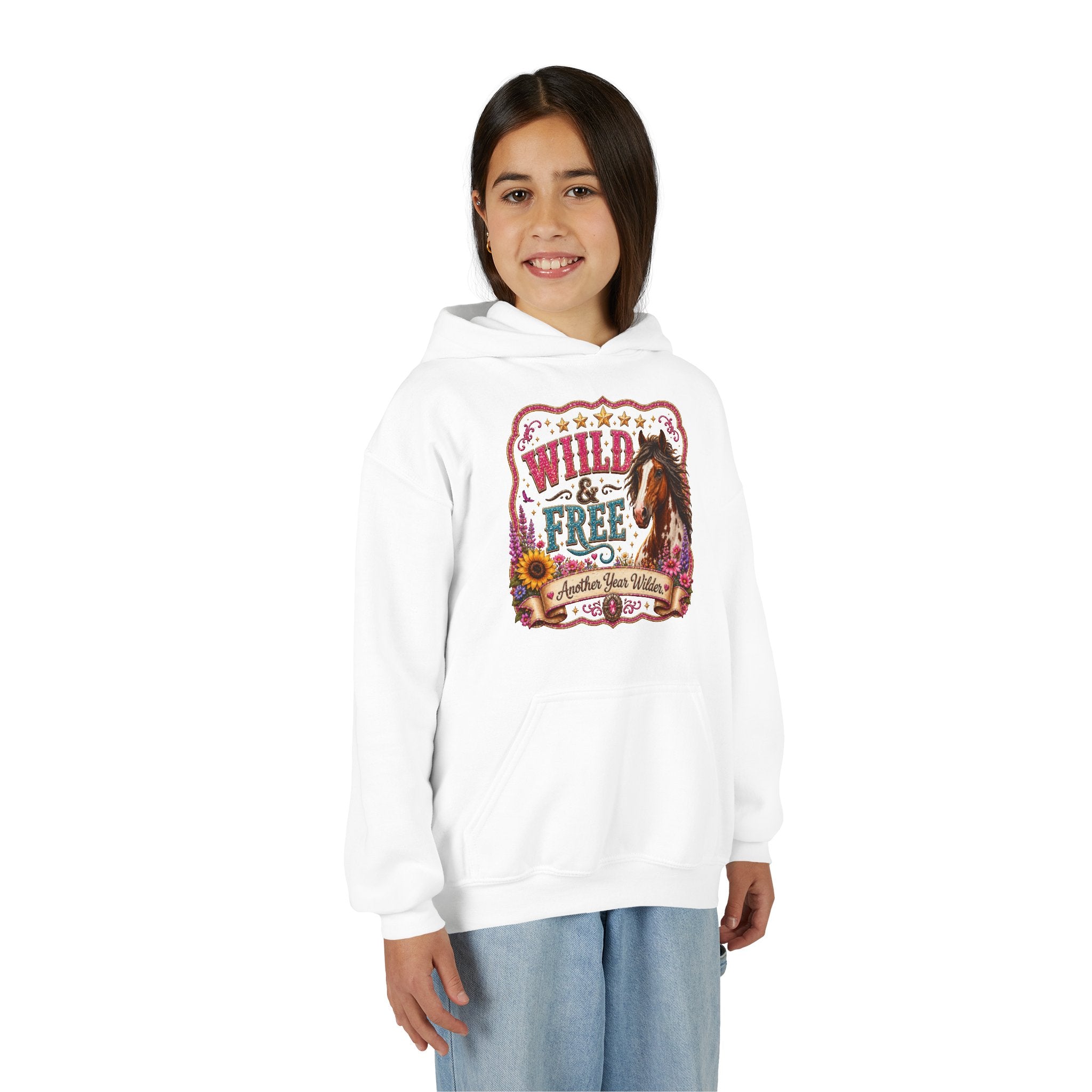 Youth Hoodie — "Wild & Free" Horse Graphic Pullover