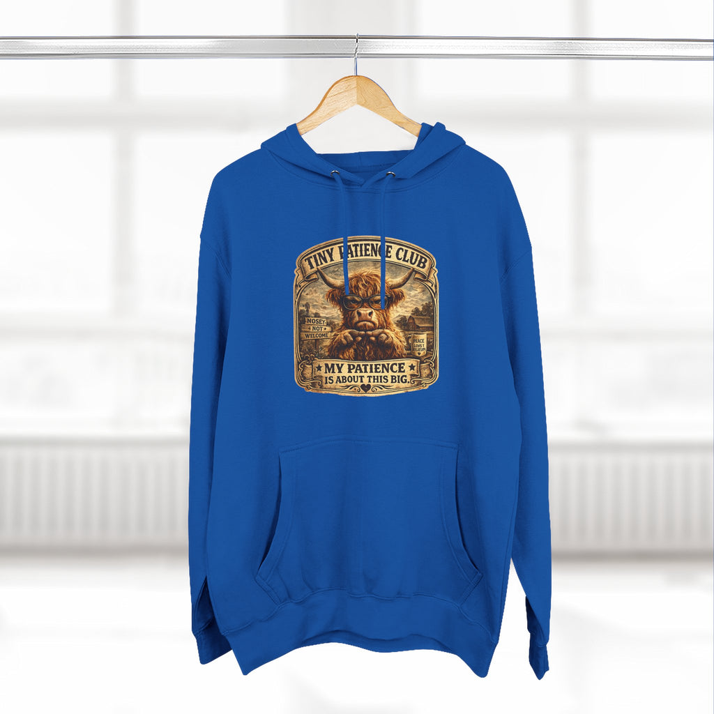 Tiny Patience Club Highland Cow Three-Panel Fleece Hoodie