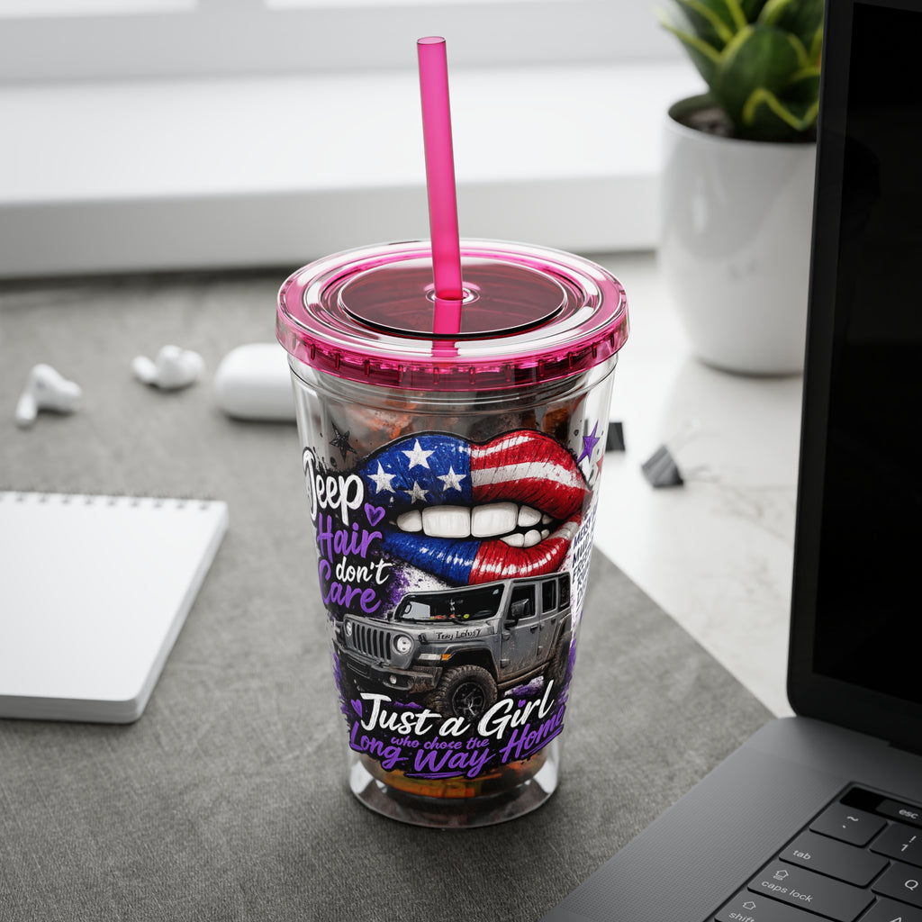 Jeep Girl 16oz Tumbler with Straw — American Flag Lips ‘Jeep Hair Don’t Care’ Design