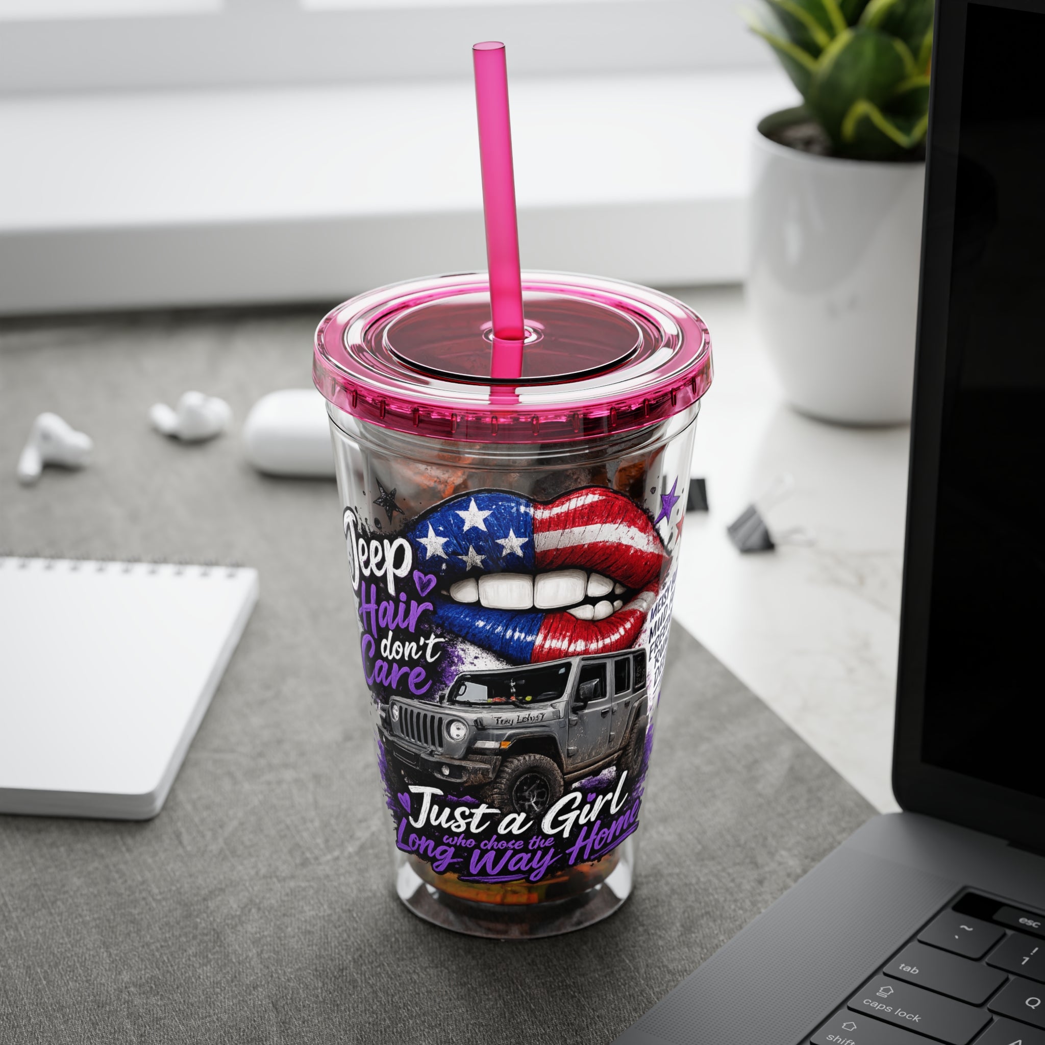 Jeep Girl 16oz Tumbler with Straw — American Flag Lips ‘Jeep Hair Don’t Care’ Design