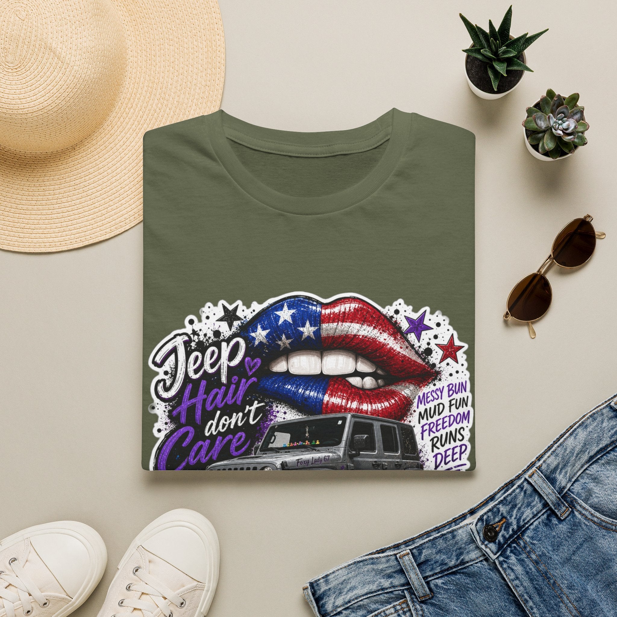 Jeep Hair Don't Care T-Shirt — American Flag Lips Off-Road Truck Tee