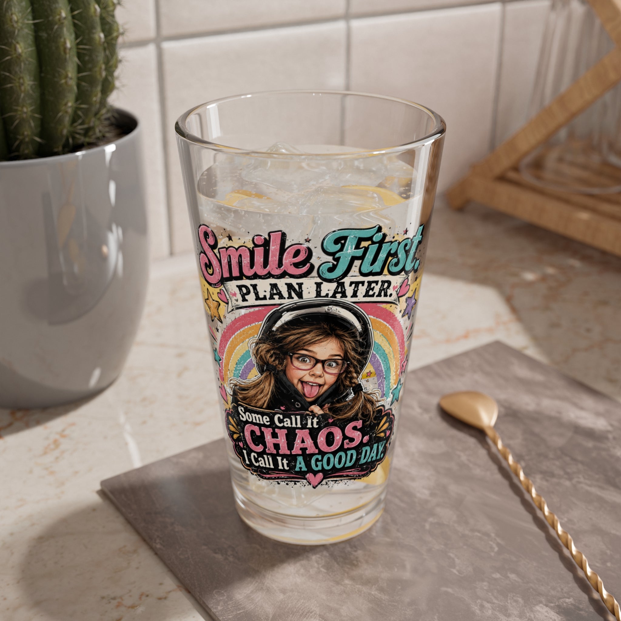 "Smile First, Plan Later" 16oz Retro Rainbow Cocktail Glass — Mixing Glass