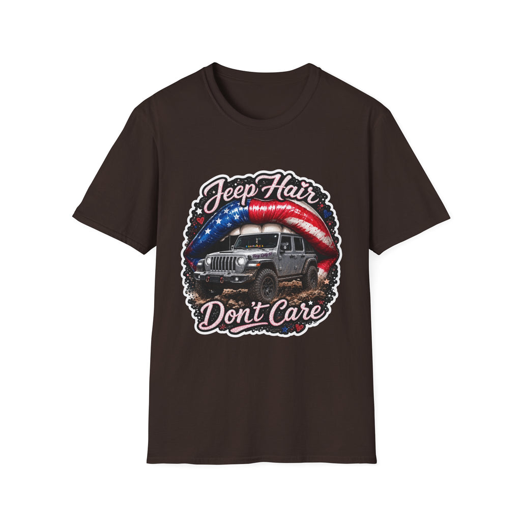 Jeep Hair Don't Care T-Shirt — American Flag Lips Off‑Road Graphic Tee