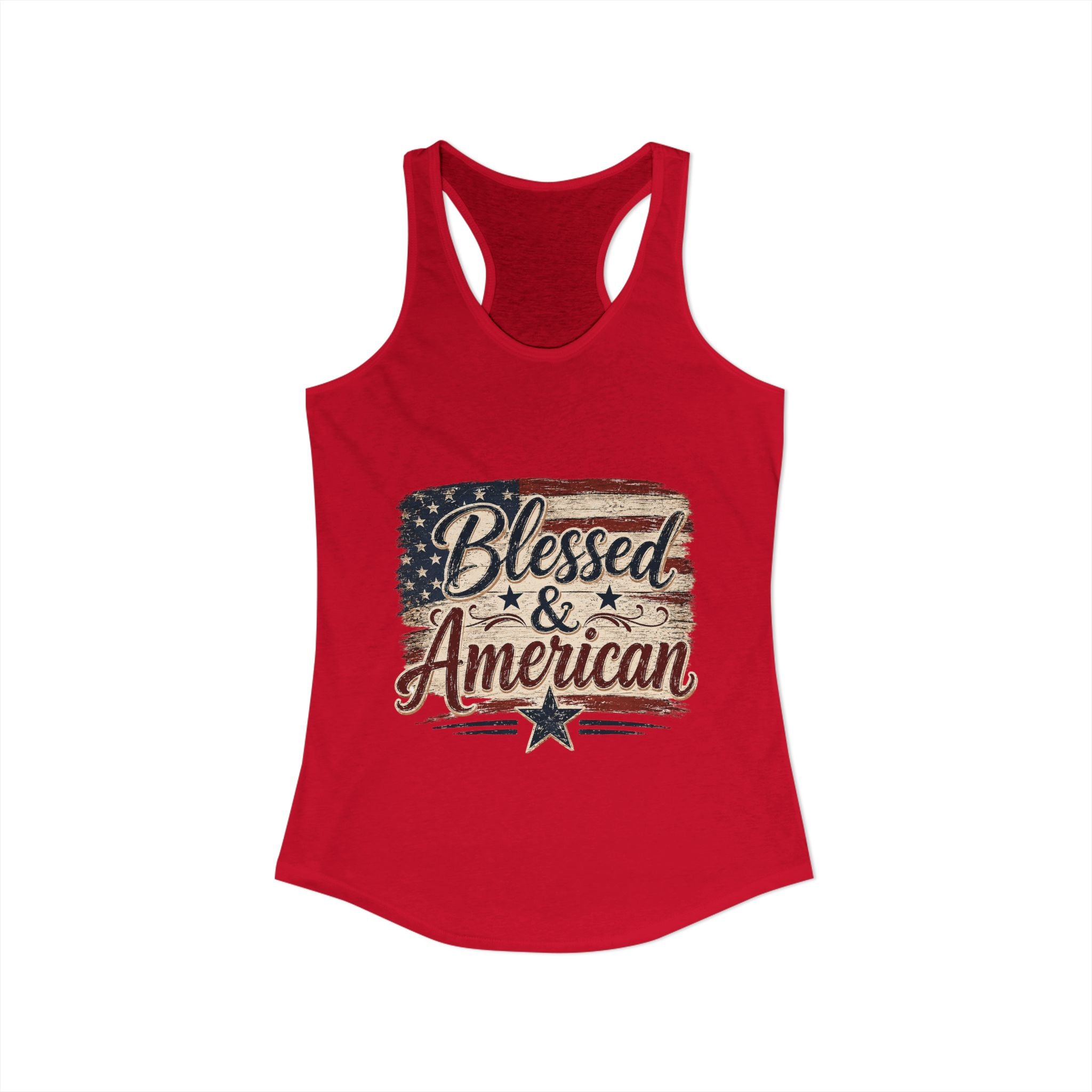 Blessed & American Women's Ideal Racerback Tank— Patriotic Flag Graphic Lightweight Sweatshirt