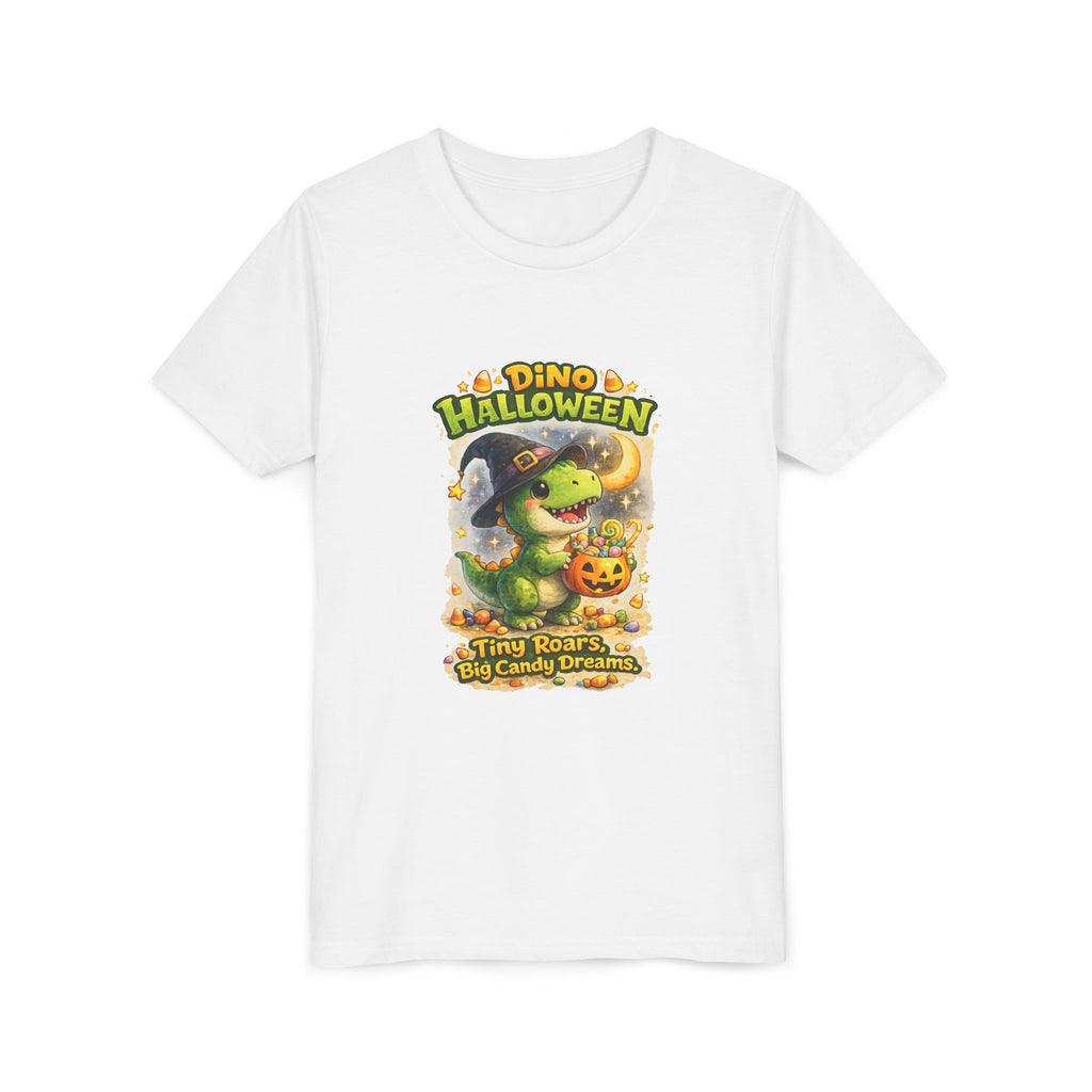 Dino Halloween "Tiny Roars, Big Candy Dreams" Cute Trick-or-Treat T-Shirt - Youth Tee