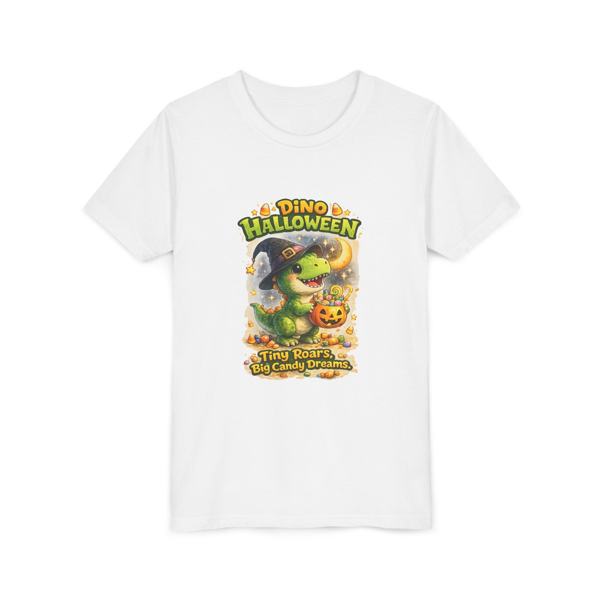 Dino Halloween "Tiny Roars, Big Candy Dreams" Cute Trick-or-Treat T-Shirt - Youth Tee