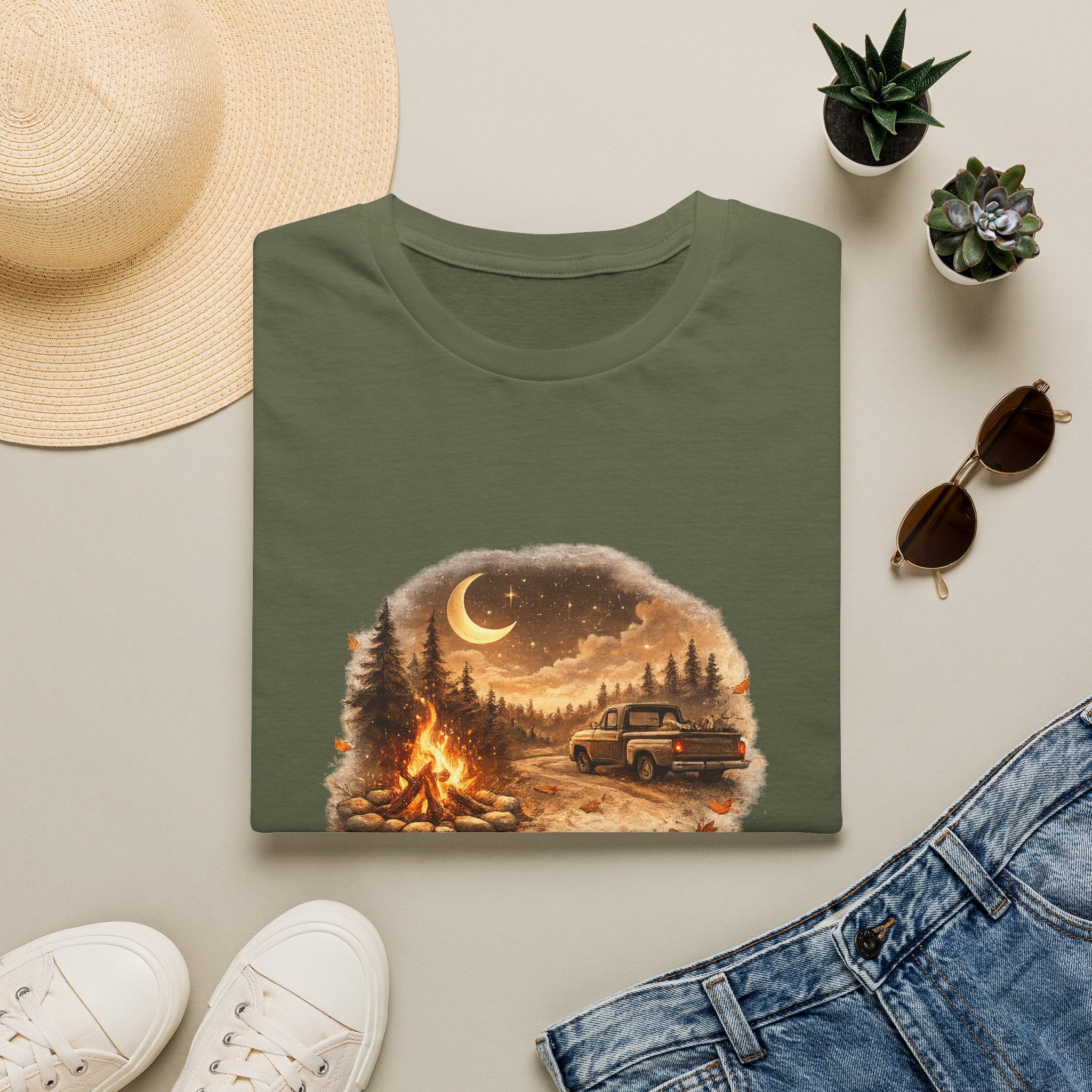 'Bonfires, Backroads, and October Skies' Outdoor Tee — Camping Scene T‑Shirt