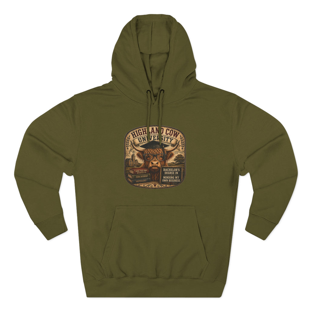 Highland Cow University Three-Panel Fleece Hoodie