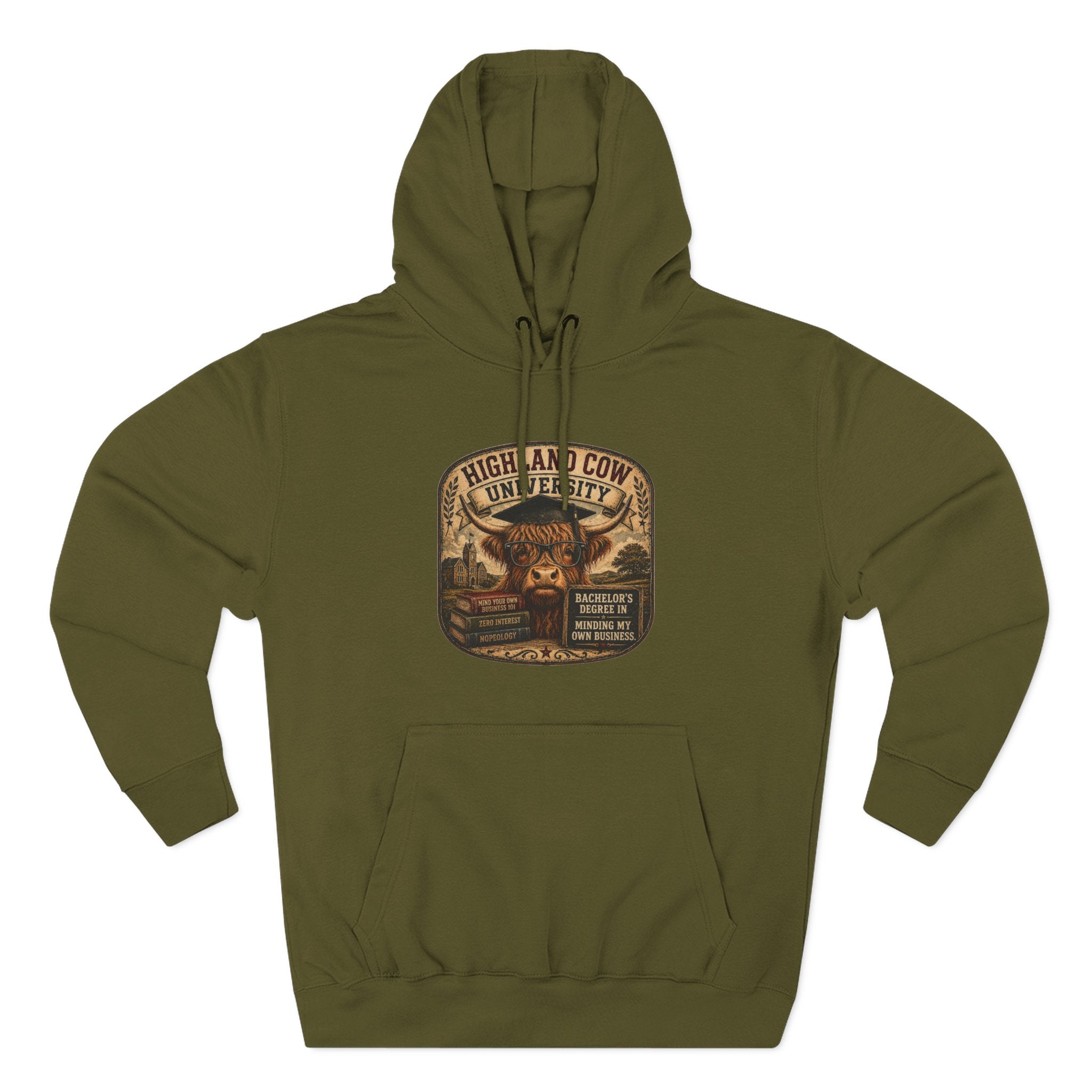 Highland Cow University Three-Panel Fleece Hoodie