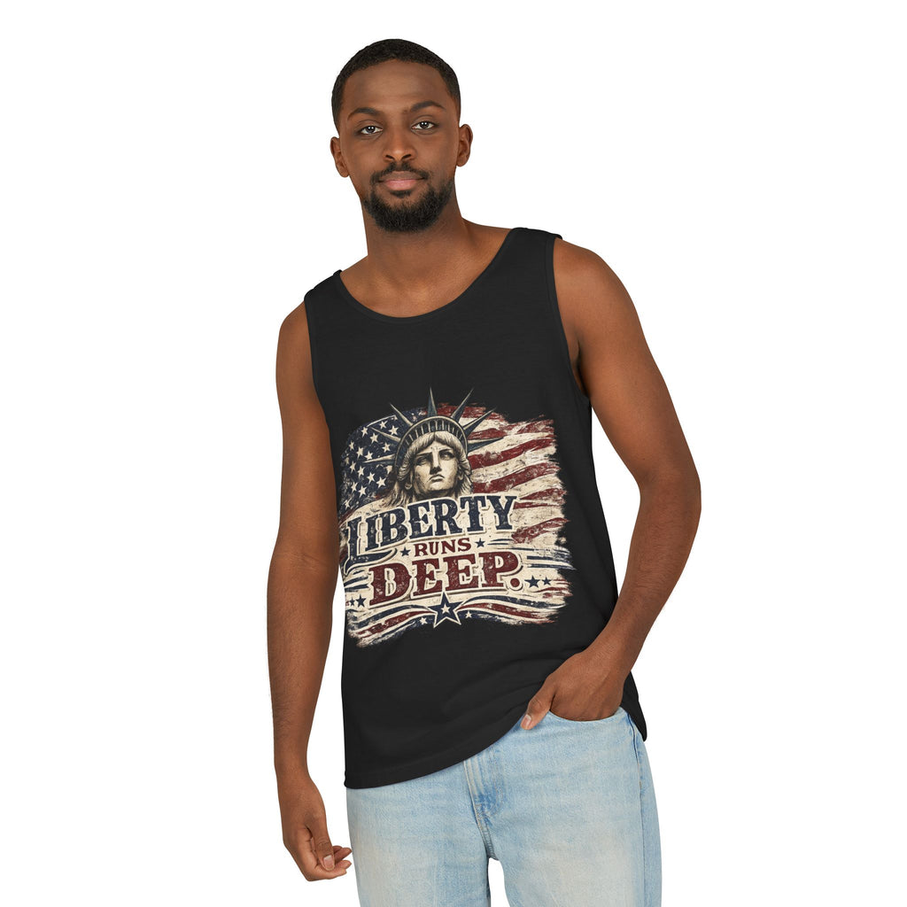 Liberty Runs Deep Tank Top — American Flag & Statue of Liberty Patriotic Shirt for 4th of July