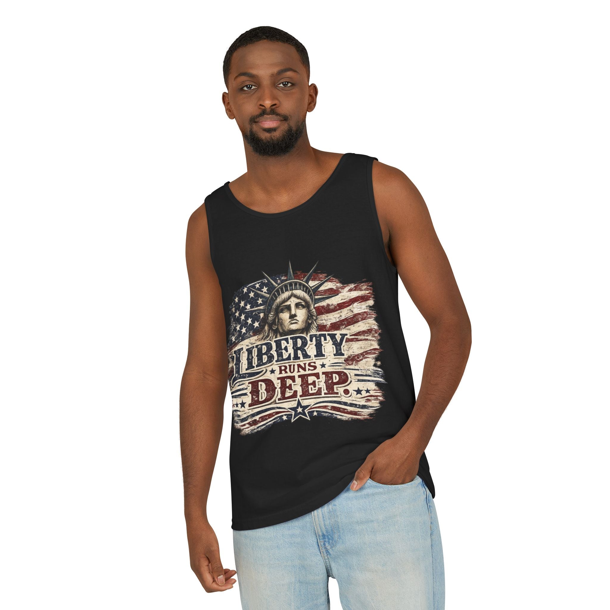 Liberty Runs Deep Tank Top — American Flag & Statue of Liberty Patriotic Shirt for 4th of July