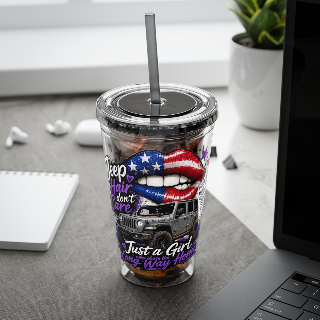 Jeep Girl 16oz Tumbler with Straw — American Flag Lips ‘Jeep Hair Don’t Care’ Design