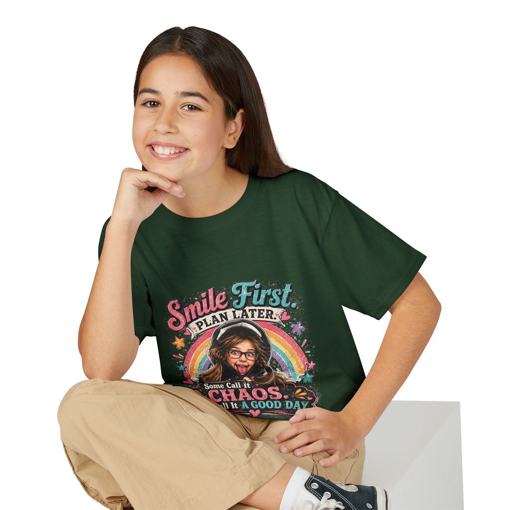 "Smile First, Plan Later" Funny Chaos Rainbow Kids Tee — Youth T-Shirt