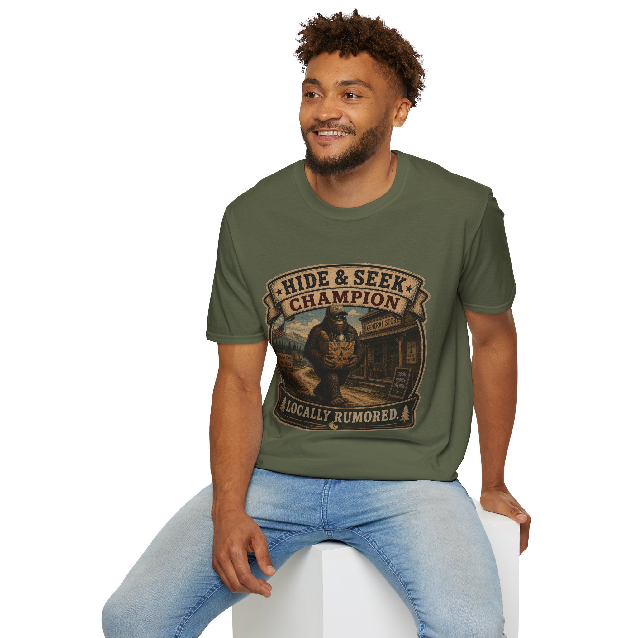 Hide & Seek Champion T-Shirt — Bigfoot Sasquatch Vintage Badge Design