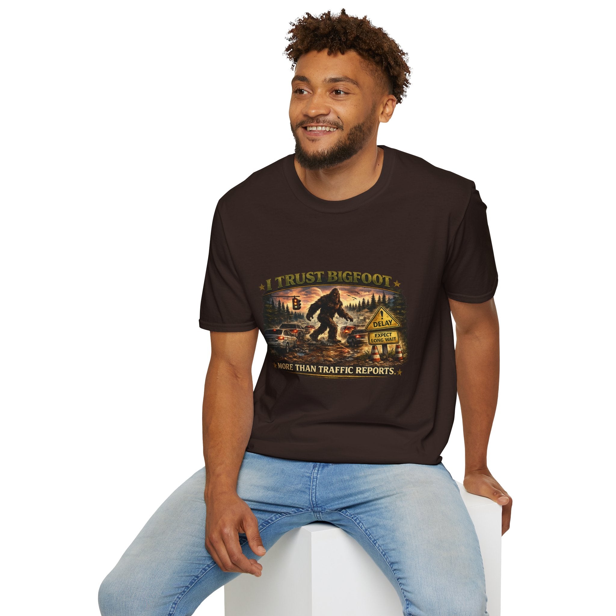 Bigfoot Graphic T-Shirt — "I Trust Bigfoot" Vintage Forest Design