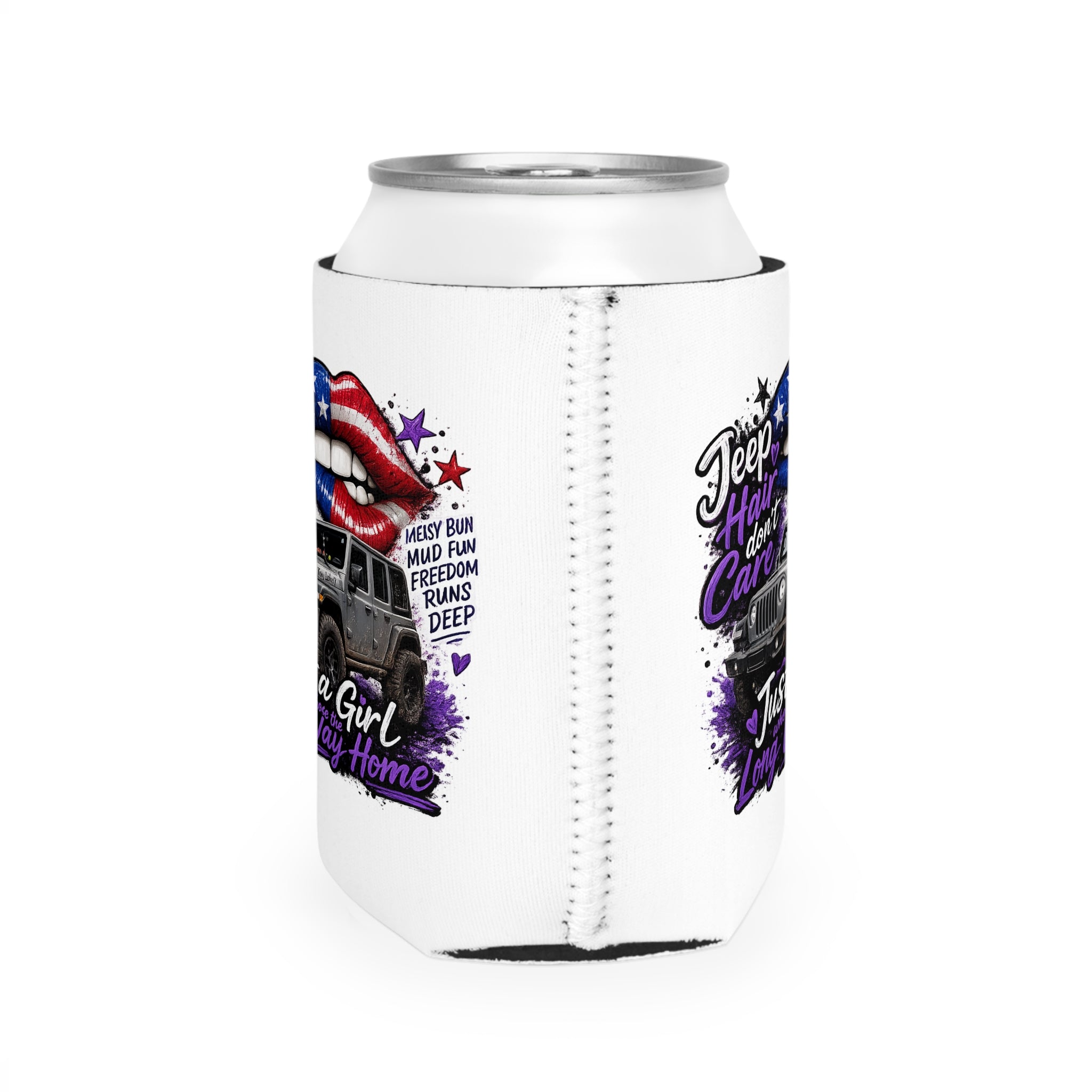 “Jeep Hair Don’t Care” Patriotic Off‑Road Girl Koozie Can Cooler Sleeve