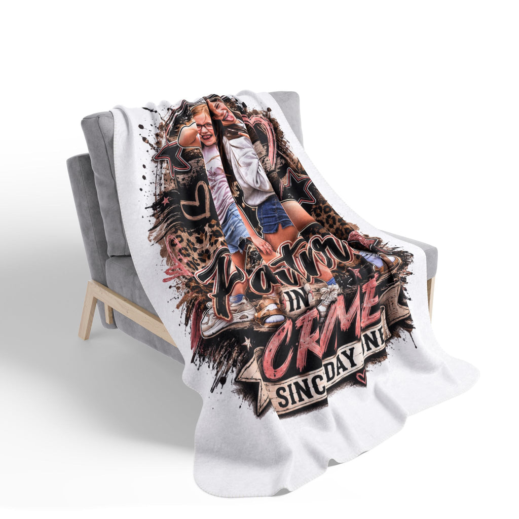 "Partners in Crime Since Day One" Personalized Photo Cozy Throw — Fleece Sherpa Blanket