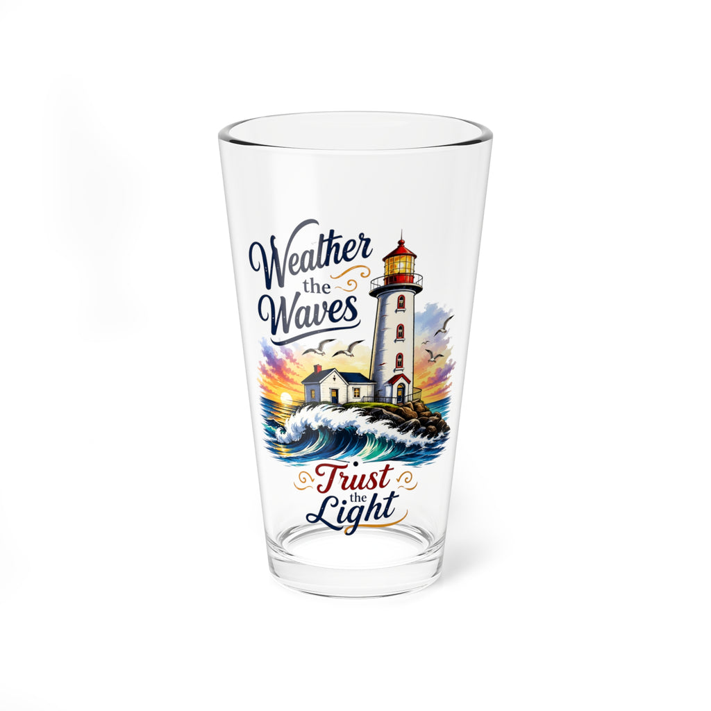'Weather the Waves, Trust the Light' Coastal Cocktail Glass – Lighthouse Mixing Glass 16oz