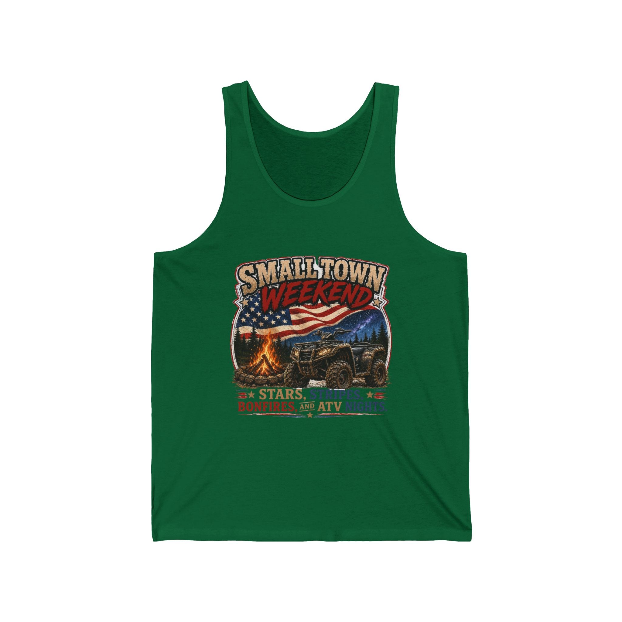 Stars, Stripes, Bonfires & ATV Nights Graphic Tank — Smalltown Weekend Tank Top
