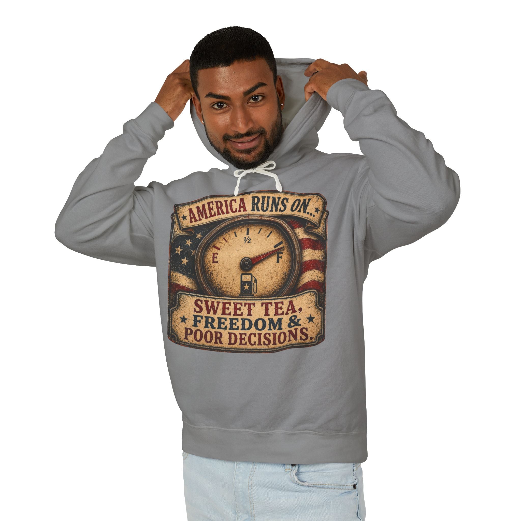 America Runs On Sweet Tea Hoodie — 'Sweet Tea, Freedom & Poor Decisions' Patriotic Pullover