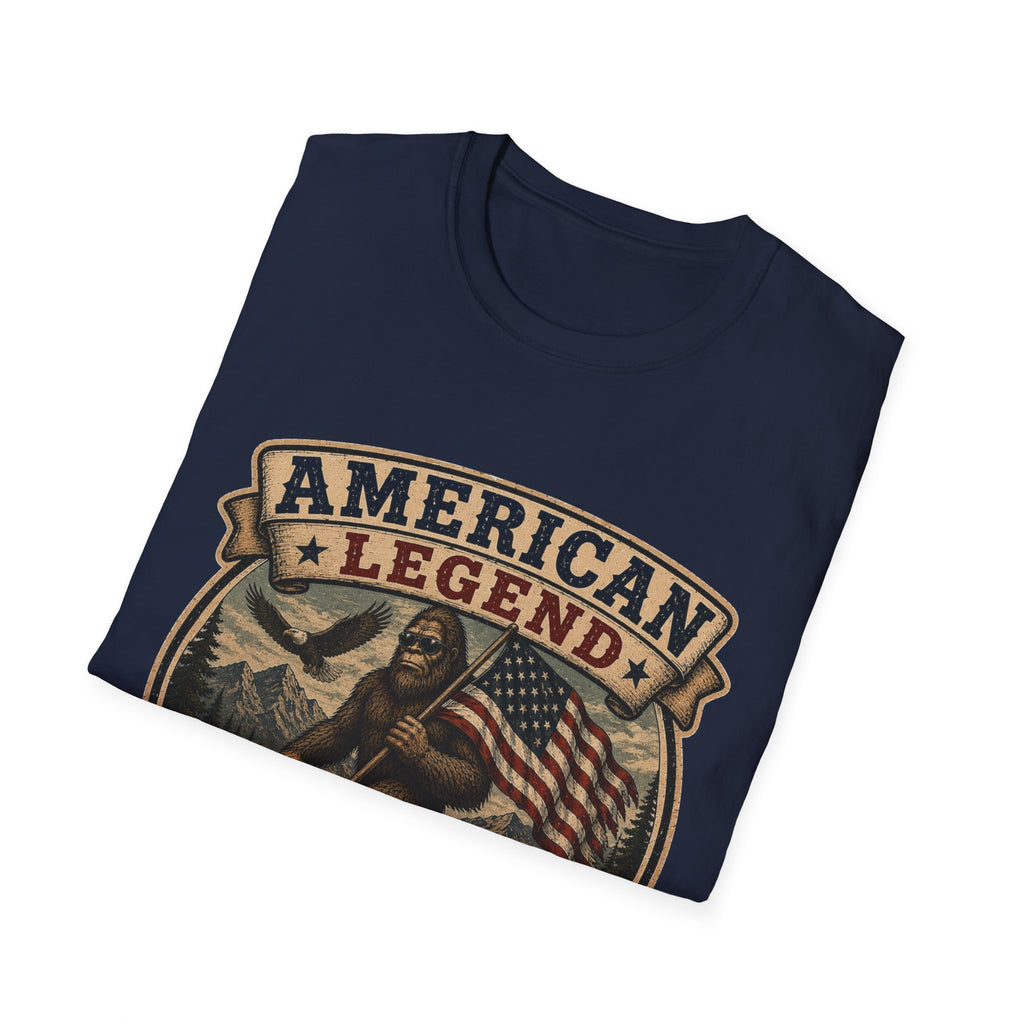 American Legend T-Shirt — Patriotic Bigfoot Design ("Protected by Freedom & Mystery")
