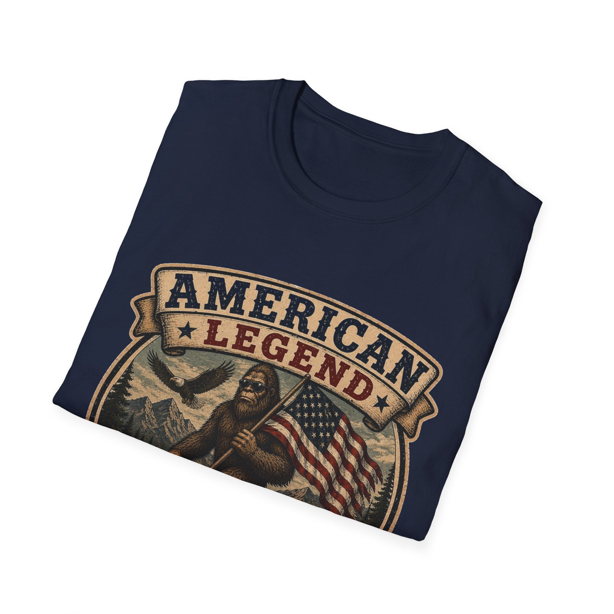American Legend T-Shirt — Patriotic Bigfoot Design ("Protected by Freedom & Mystery")