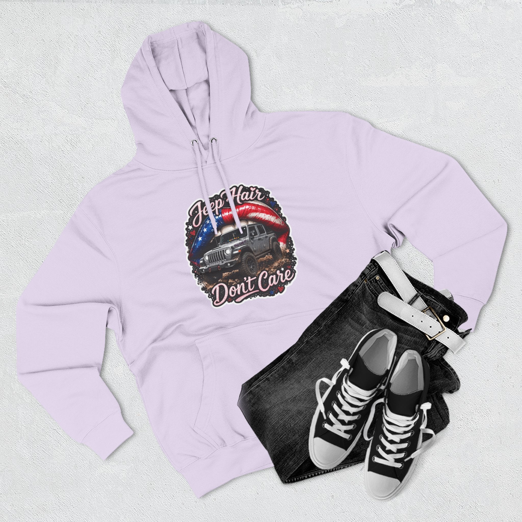 "Jeep Hair Don't Care" Graphic Fleece Pullover - Patriotic Jeep Hoodie