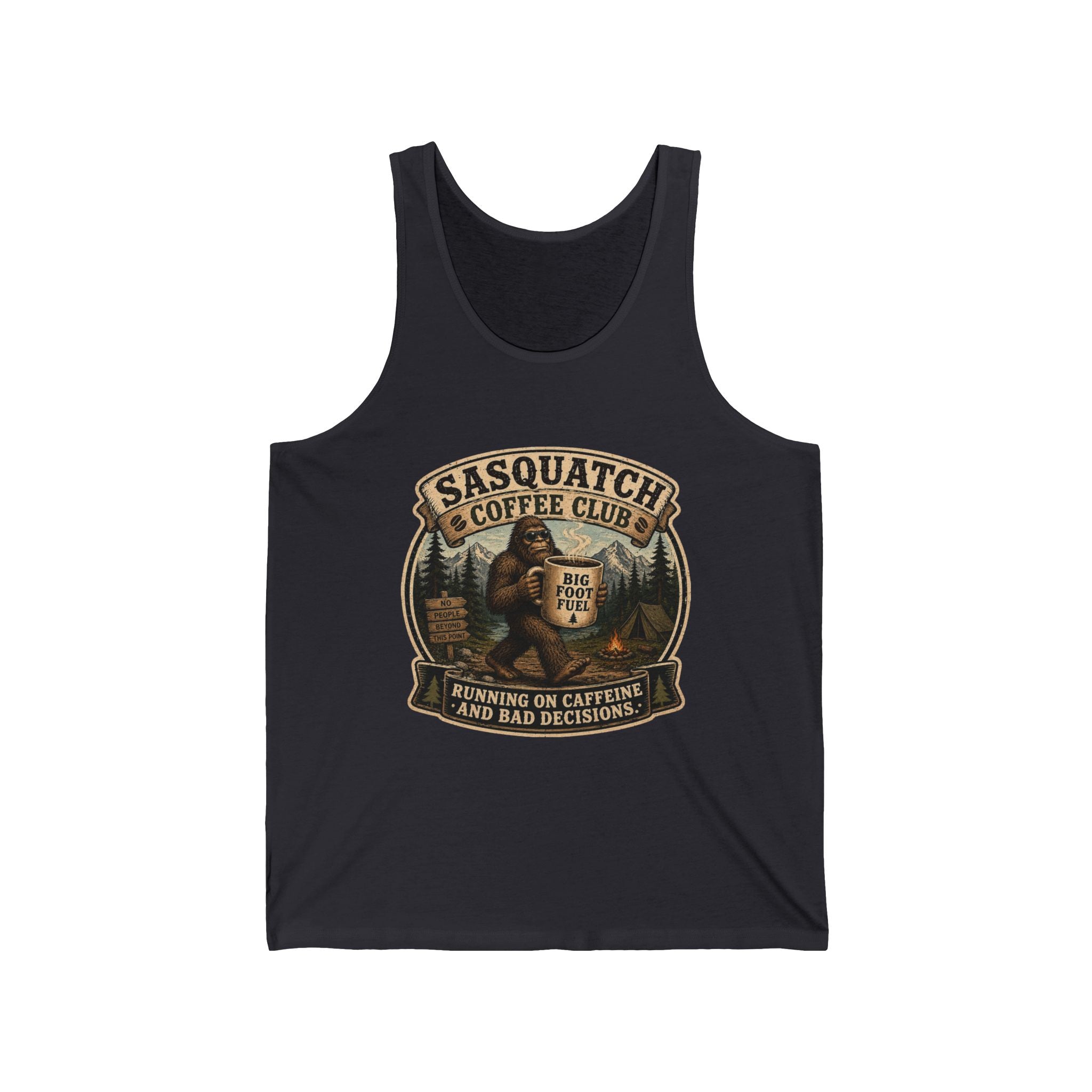 Sasquatch Coffee Club Tank Top — 'Running on Caffeine and Bad Decisions' Graphic Tank