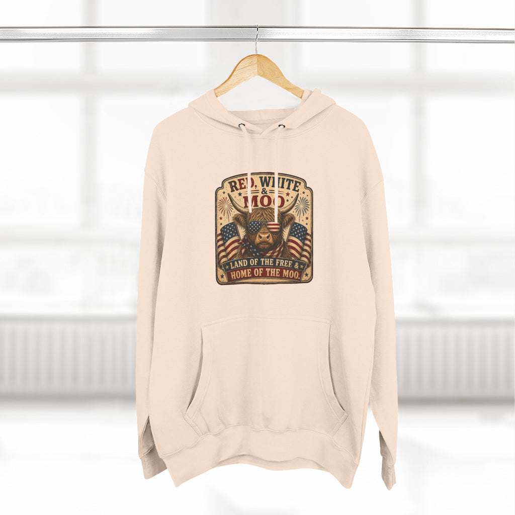 Red, White, & Moo Highland Cow Three-Panel Fleece Hoodie