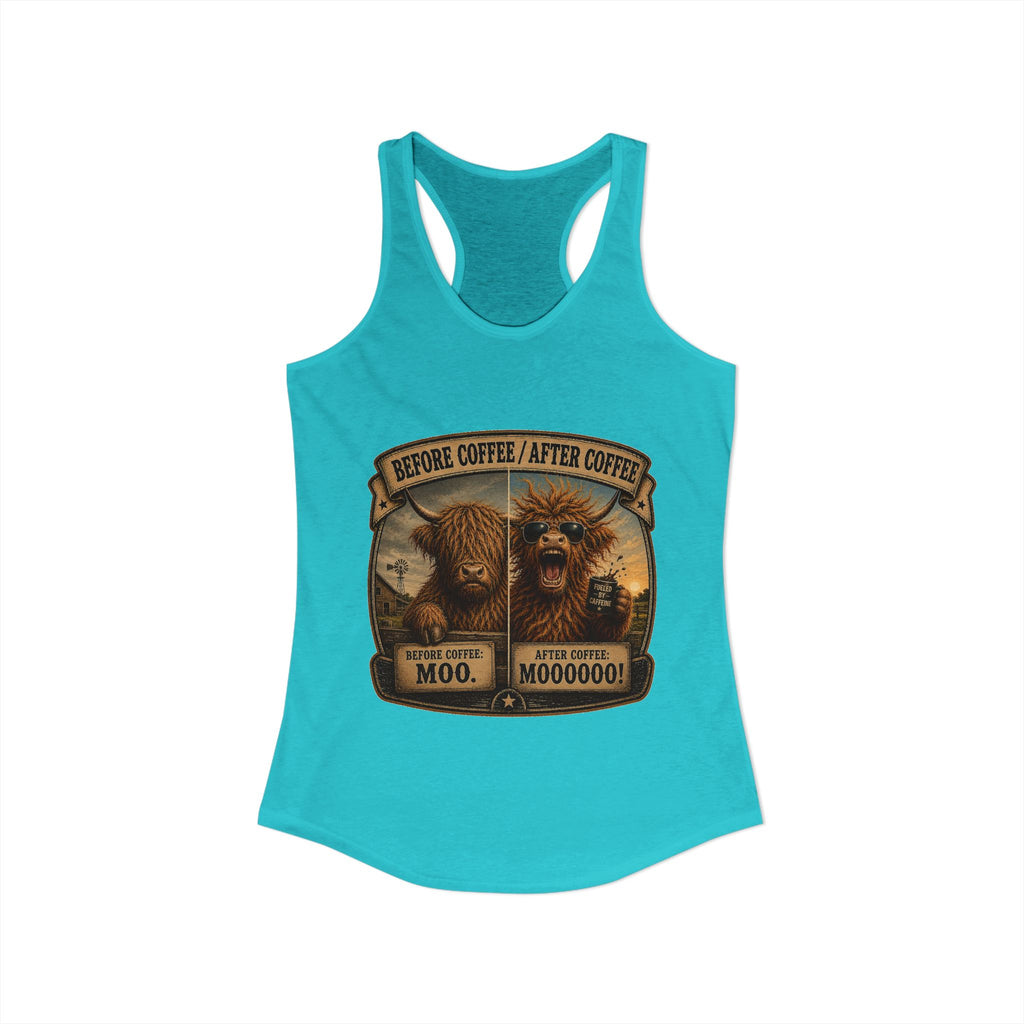 Before Coffee/After Coffee Highland Cow Women's Ideal Racerback Tank