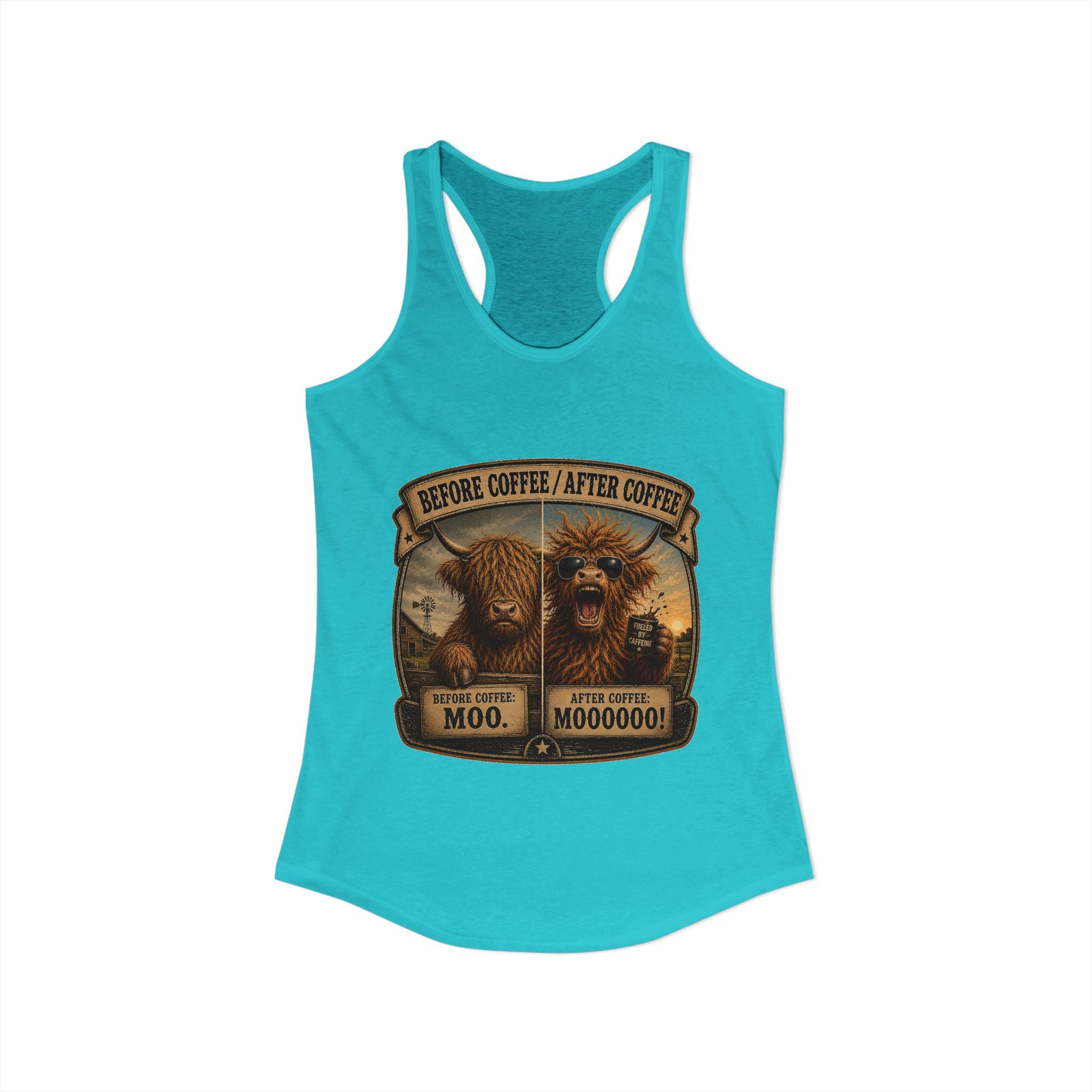 Before Coffee/After Coffee Highland Cow Women's Ideal Racerback Tank