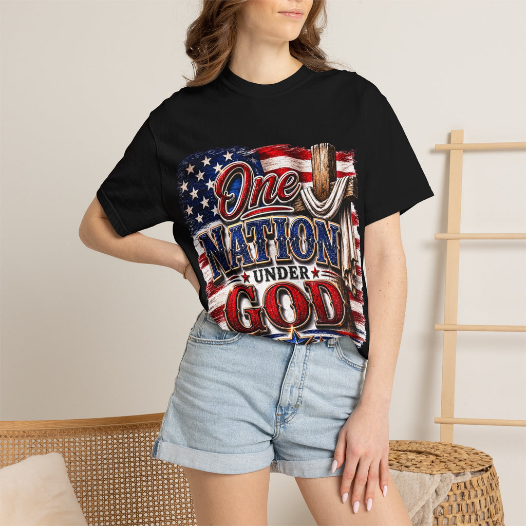 One Nation Under God T-Shirt — Patriotic American Flag & Cross Graphic