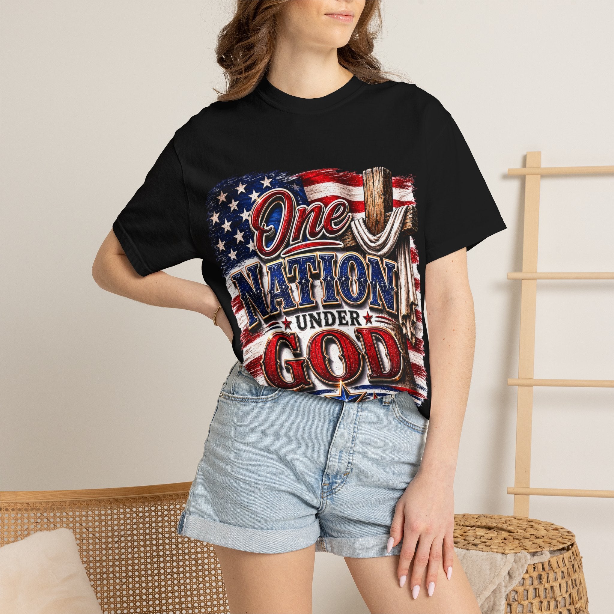 One Nation Under God T-Shirt — Patriotic American Flag & Cross Graphic