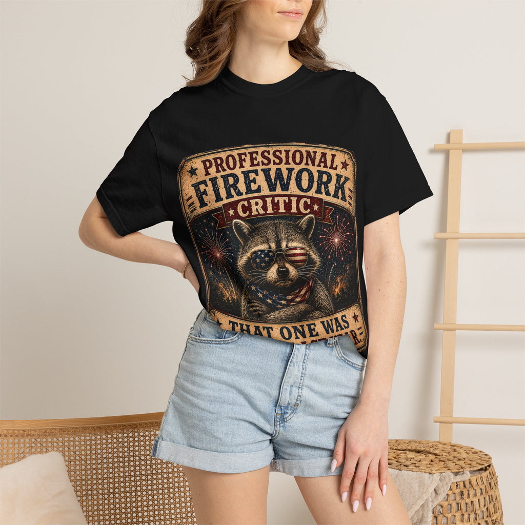 Firework Critic Raccoon T-Shirt — "Professional Firework Critic, That One Was Better Last Year"