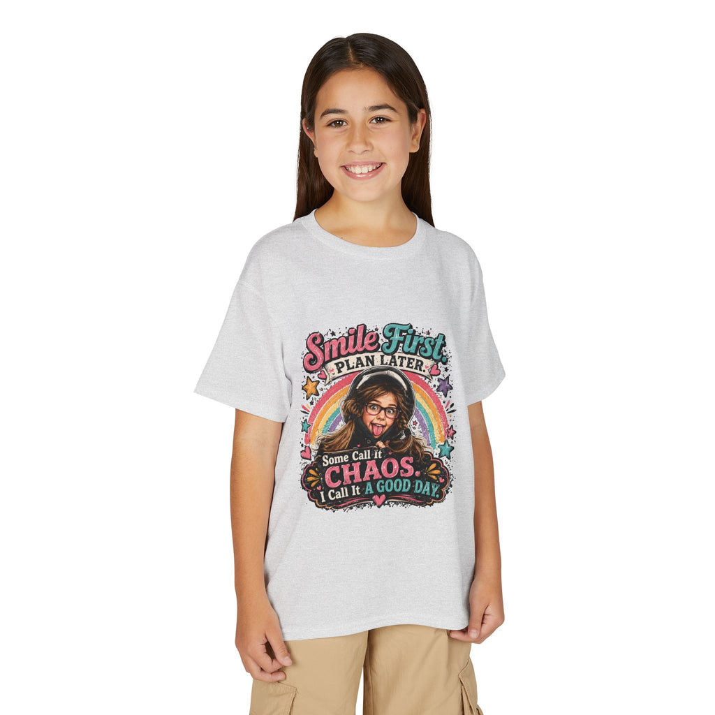 "Smile First, Plan Later" Funny Chaos Rainbow Kids Tee — Youth T-Shirt