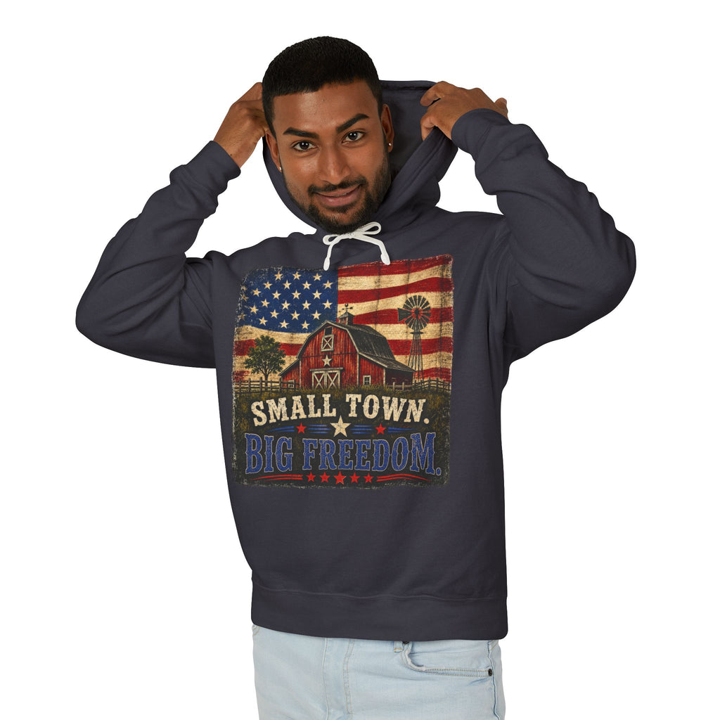 Small Town Big Freedom Hoodie — Vintage American Flag Barn Patriotic Pullover