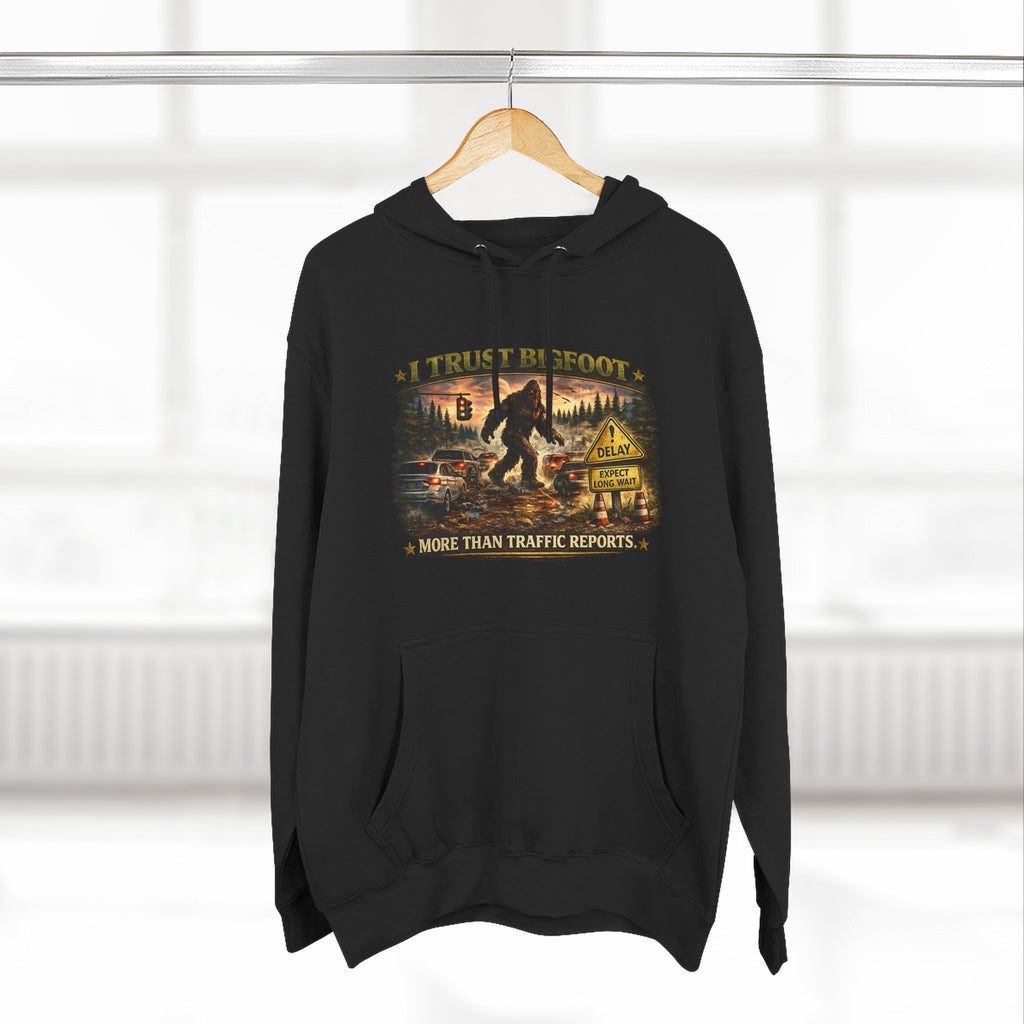 Bigfoot Forest Hoodie - "More Than Traffic Reports" Retro Sasquatch Graphic Hoodie