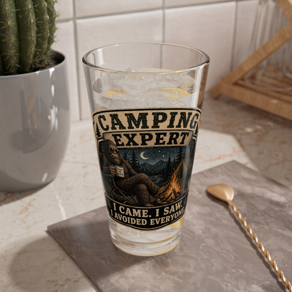 'Camping Expert: I Came. I Saw. I Avoided Everyone.' 16oz Campfire Pint — Mixing Glass