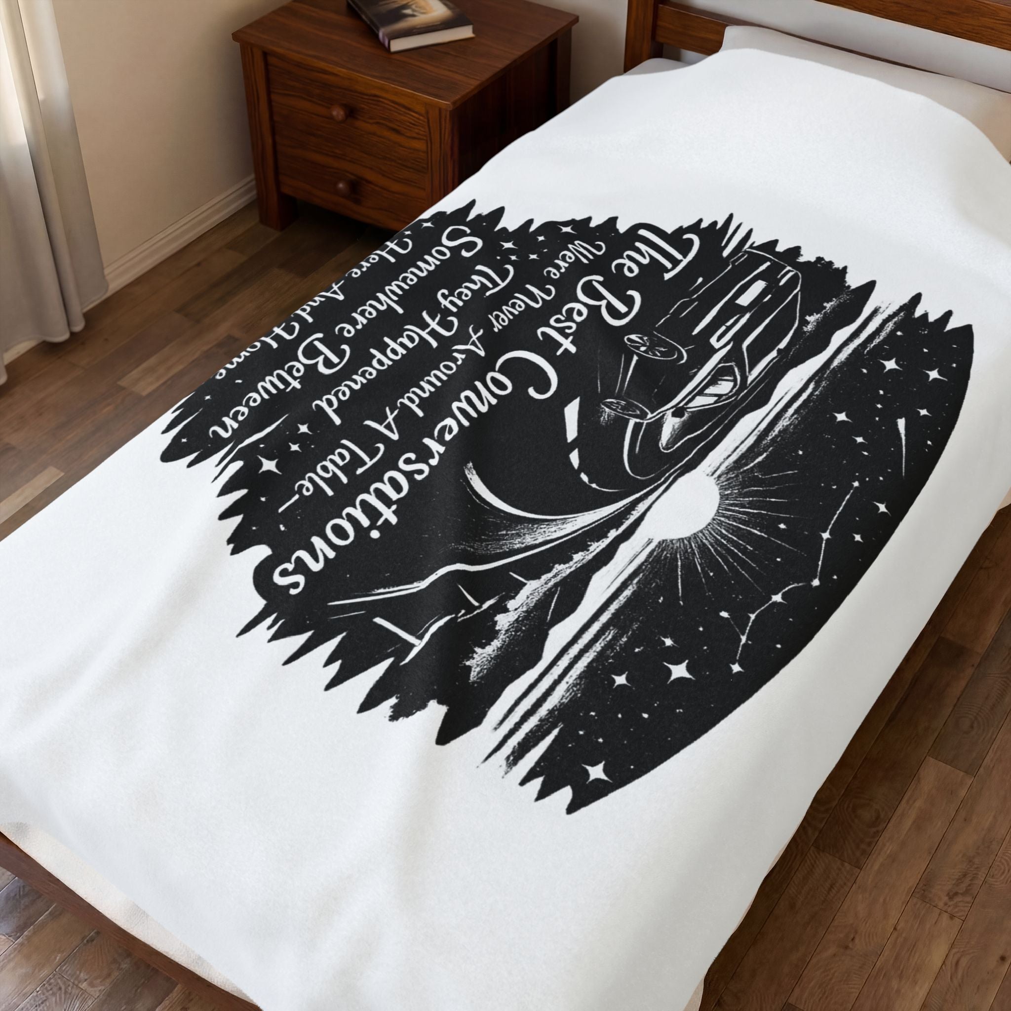 “The Best Conversations” Scenic Camping Quote Throw — Velveteen Plush Blanket