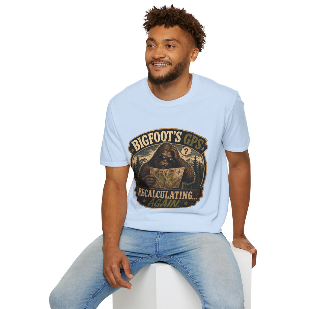 Bigfoot’s GPS T-Shirt — "Recalculating... Again" Retro Sasquatch Graphic Tee