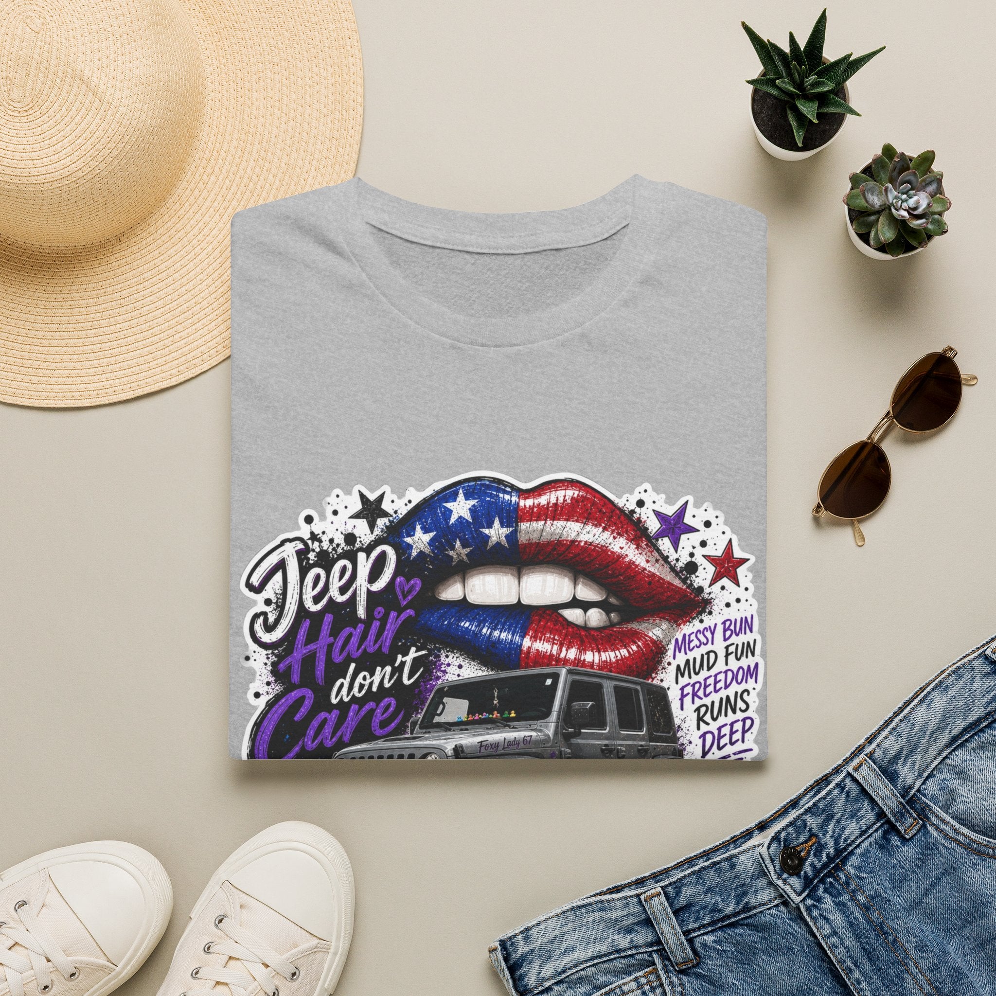 Jeep Hair Don't Care T-Shirt — American Flag Lips Off-Road Truck Tee