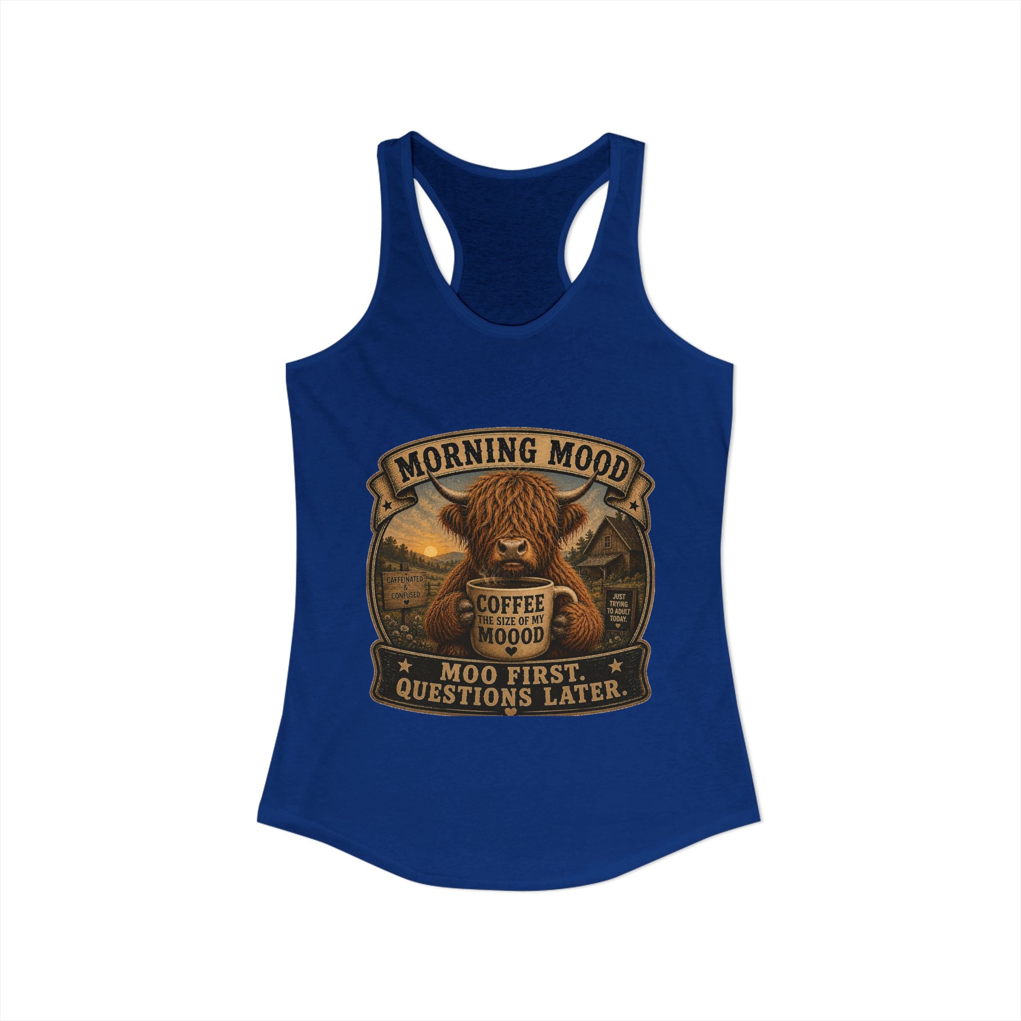 Morning Mood Highland Cow Women's Ideal Racerback Tank
