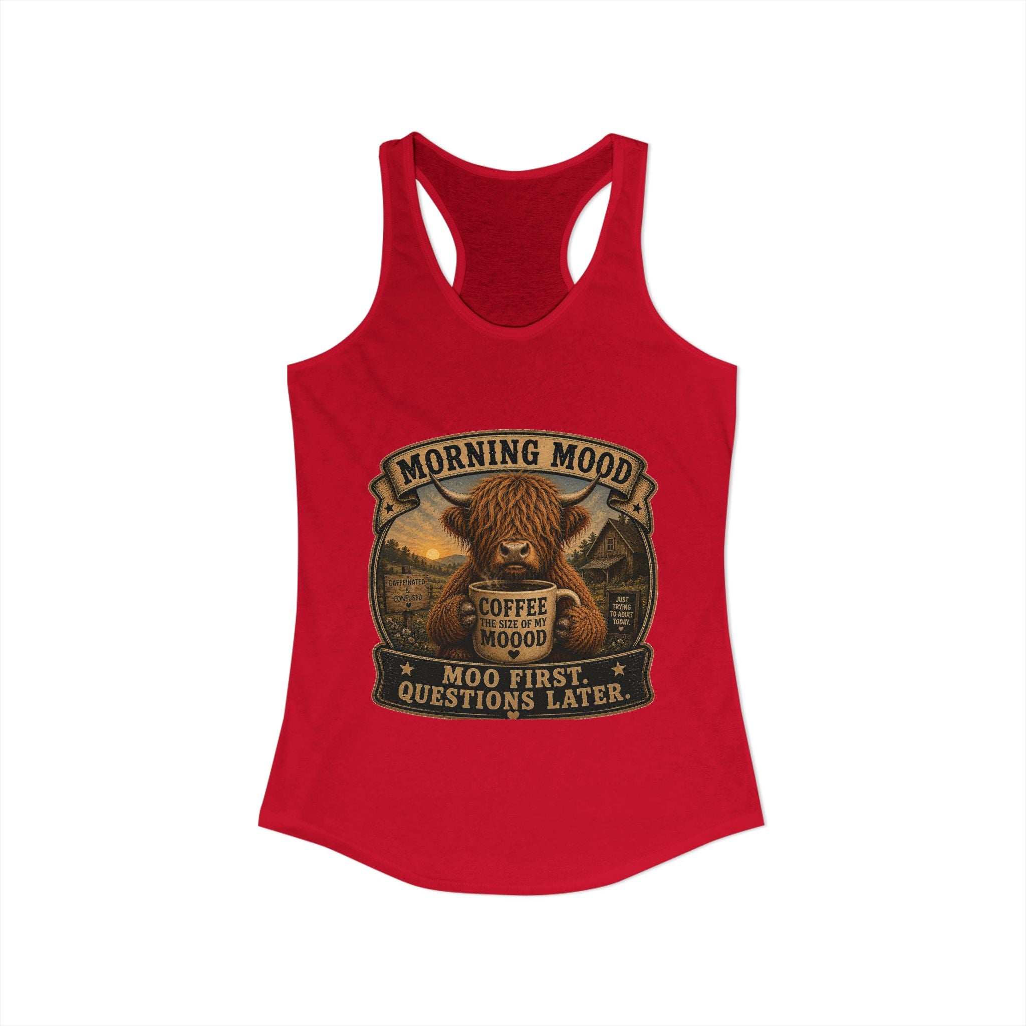 Morning Mood Highland Cow Women's Ideal Racerback Tank