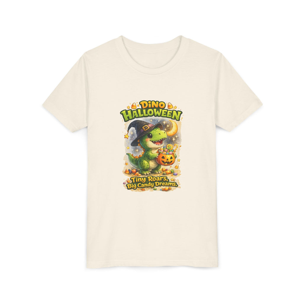 Dino Halloween "Tiny Roars, Big Candy Dreams" Cute Trick-or-Treat T-Shirt - Youth Tee